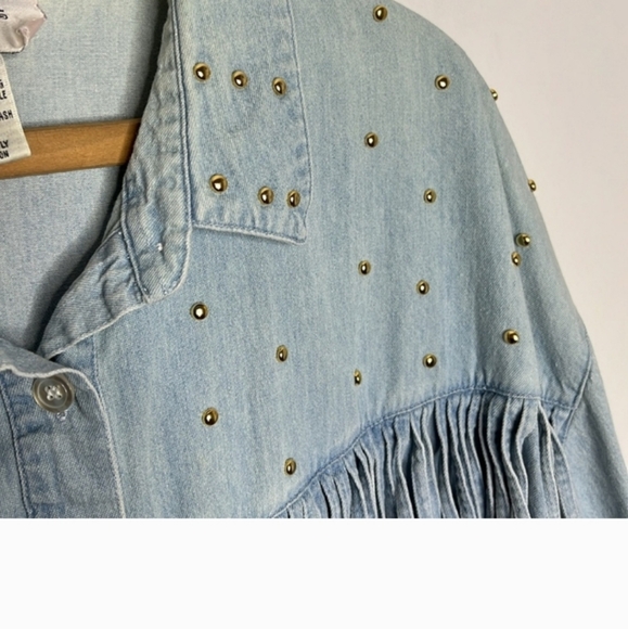 Vintage 90s Boho Fringe Western Rodeo Studded Cotton Denim Button Up Blouse - Picture 7 of 7